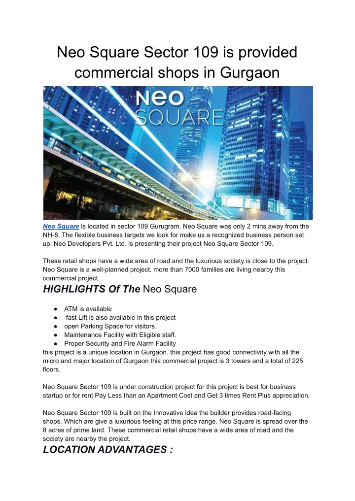 neo square sector 109 is provided commercial