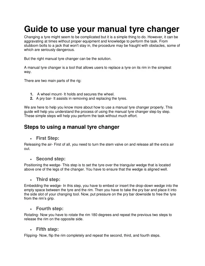 guide to use your manual tyre changer changing