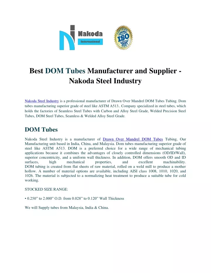 best dom tubes manufacturer and supplier nakoda