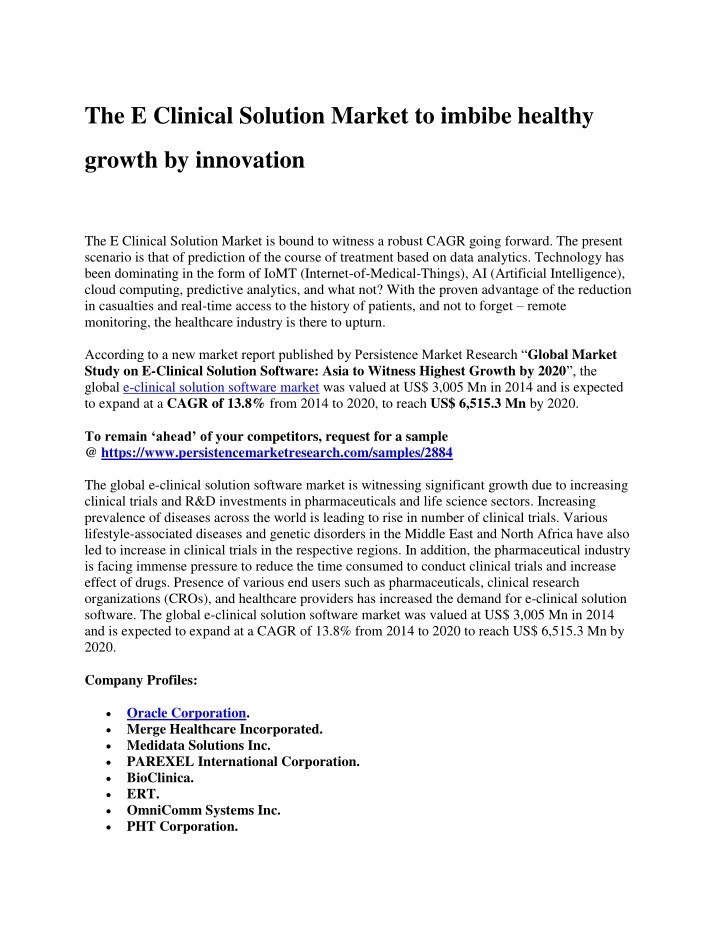 the e clinical solution market to imbibe healthy