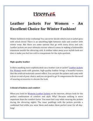 Leather Jackets For Women – An Excellent Choice for Winter Fashion!