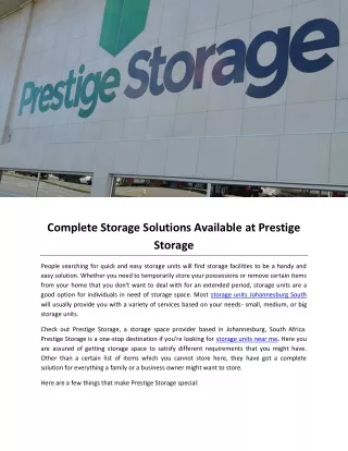 Complete Storage Solutions Available at Prestige Storage