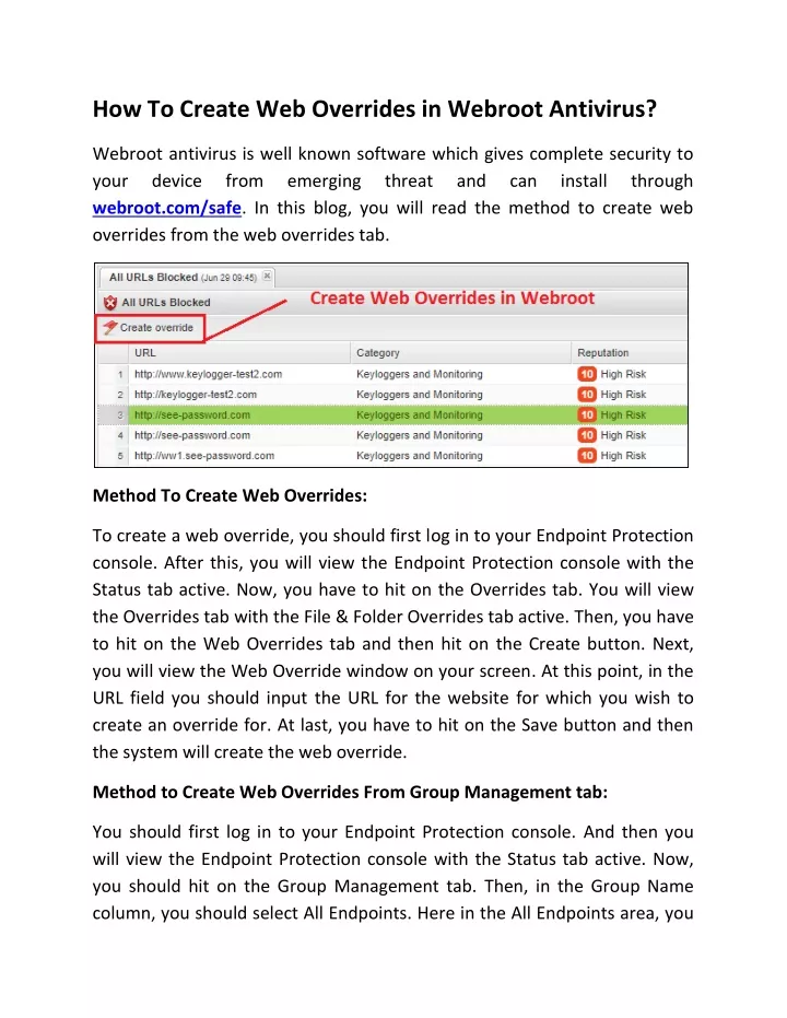 how to create web overrides in webroot antivirus