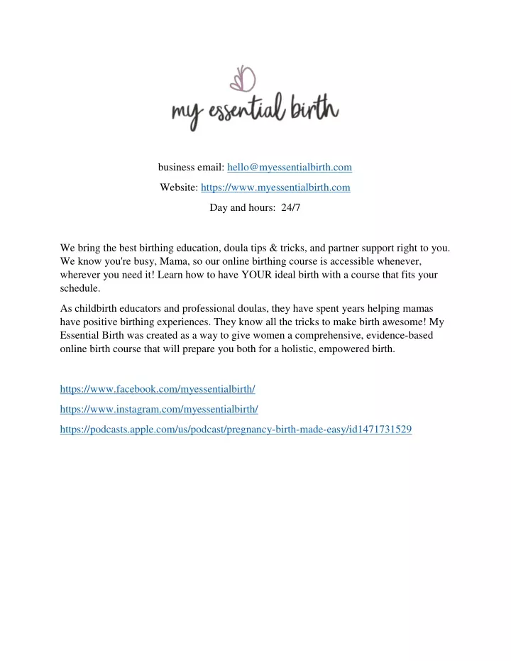 business email hello@myessentialbirth com