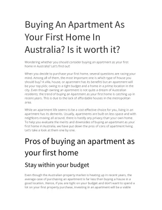 Buying An Apartment As Your First Home In Australia. Is it worth it.