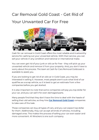 Car Removal Gold Coast - Get Rid of Your Unwanted Car For Free