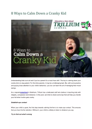 8 Ways to Calm Down a Cranky Kid - Trillium Schoo Markham