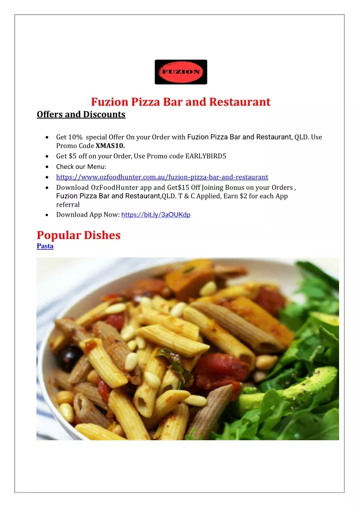 fuzion pizza bar and restaurant offers