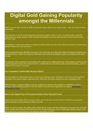 Digital Gold Gaining Popularity amongst the Millennials