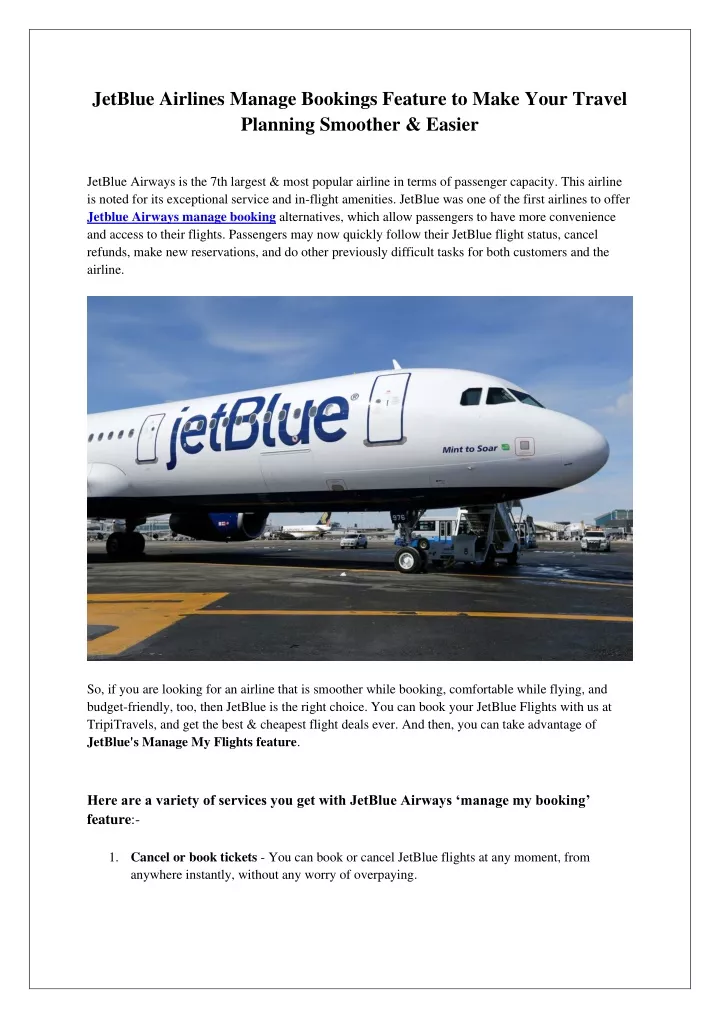 jetblue airlines manage bookings feature to make
