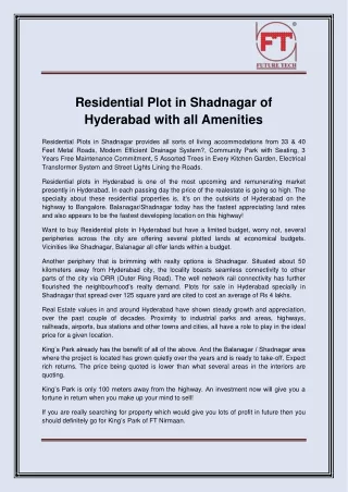 Residential Plot in Shadnagar of Hyderabad with all Amenities