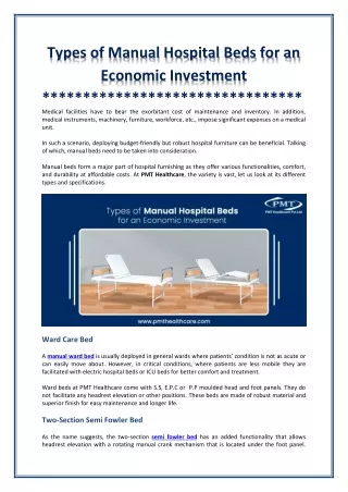 Different Types of Manual Hospital Beds for an Economic Investment