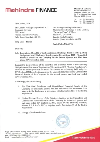 MAHINDRA AND MAHINDRA FINANCIAL SERVICES LTD. Regulations 33 and 52
