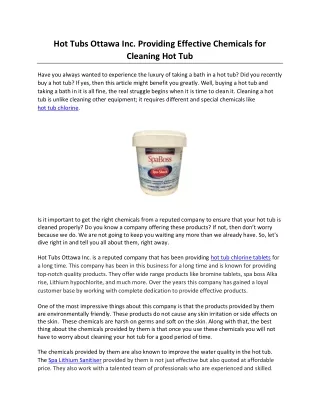 Hot Tubs Ottawa Inc. Providing Effective Chemicals for Cleaning Hot Tub