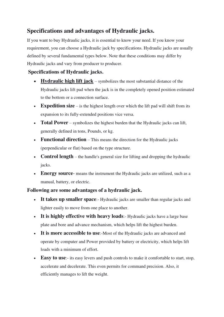 specifications and advantages of hydraulic jacks