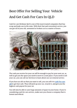 Best Offer For Selling Your  Vehicle And Get Cash For Cars In QLD