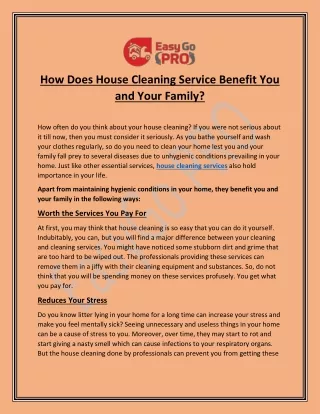 How Does House Cleaning Service Benefit You and Your Family? | EasyGo PRO