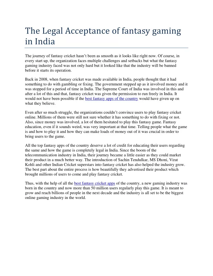 the legal acceptance of fantasy gaming in india