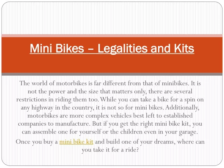mini bikes legalities and kits