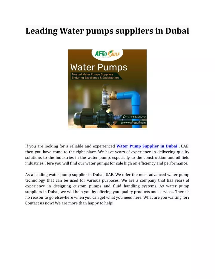 leading water pumps suppliers in dubai