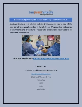 Bariatric Surgery Hospital In Aundh Pune | Sanjivanivitalife.in