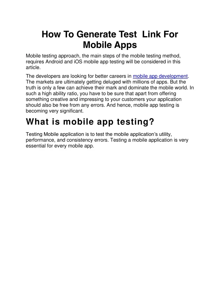 how to generate test link for mobile apps mobile
