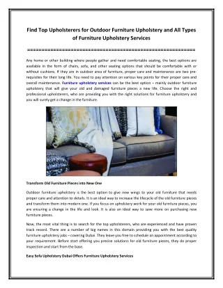 Find Top Upholsterers for Outdoor Furniture Upholstery and All Types of Furniture Upholstery Services