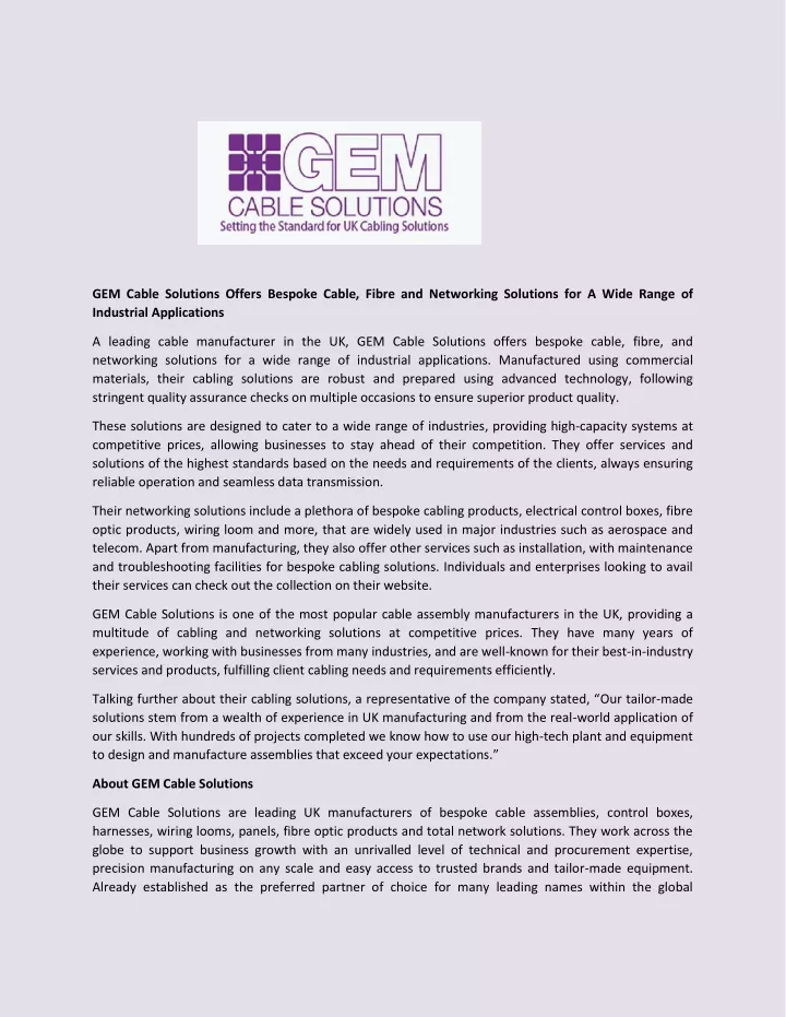 gem cable solutions offers bespoke cable fibre