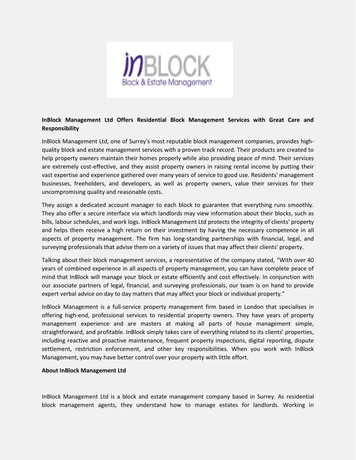 inblock management ltd offers residential block