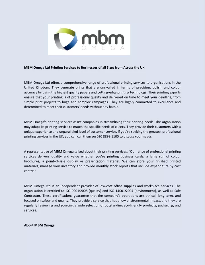 mbm omega ltd printing services to businesses