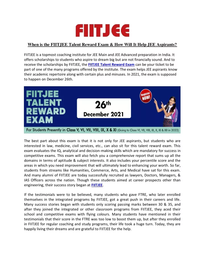 when is the fiitjee talent reward exam how will