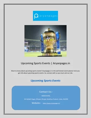Upcoming Sports Events | Aryanpages.in