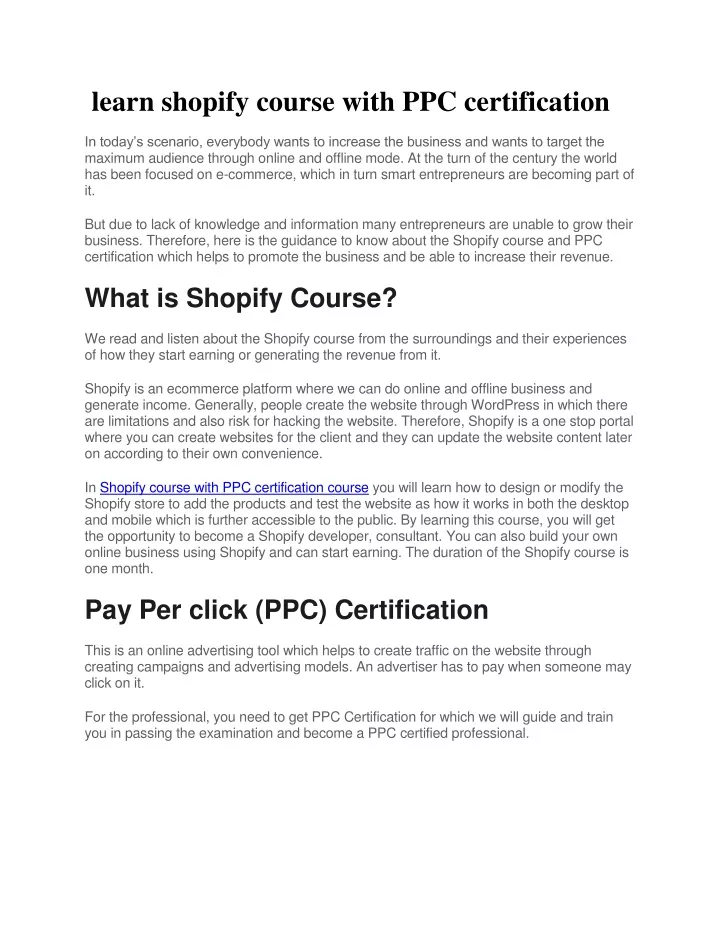 learn shopify course with ppc certification