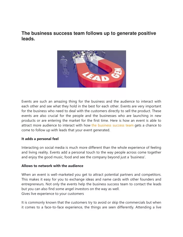 the business success team follows up to generate