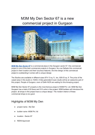 M3M My Den Sector 67 is a new commercial project in Gurgaon