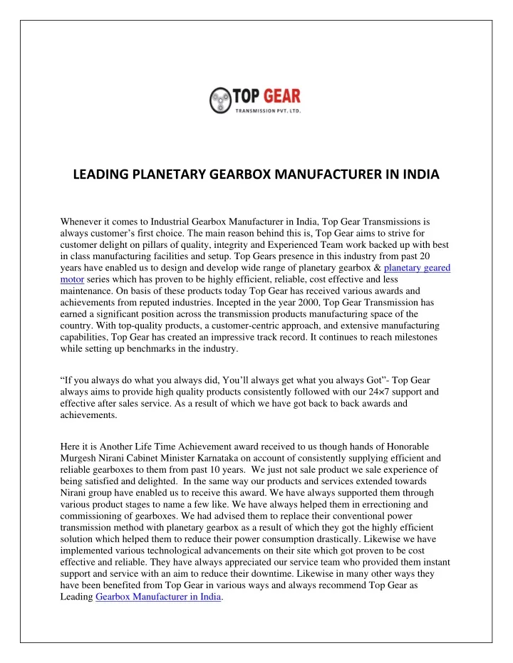 leading planetary gearbox manufacturer in india