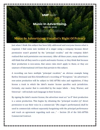Music In Advertising Vocalist’s Right Of Privacy