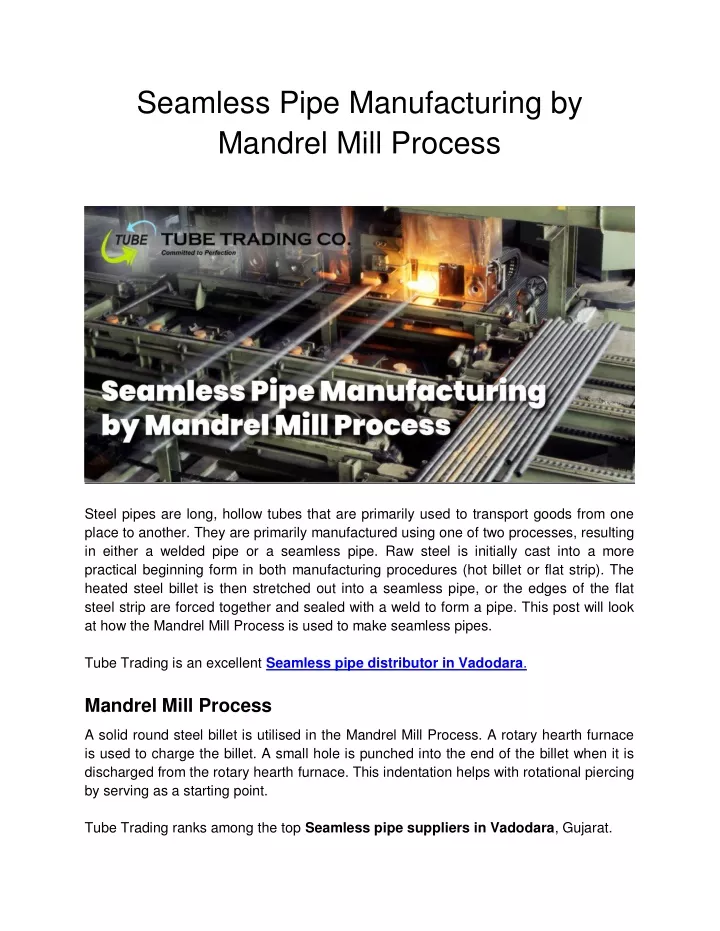 seamless pipe manufacturing by mandrel mill