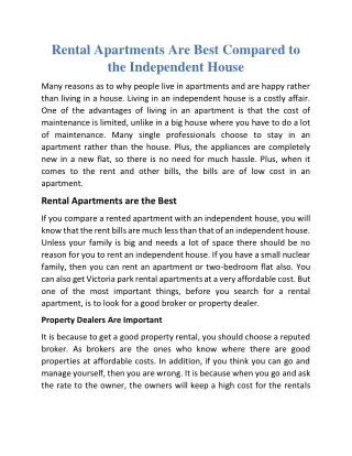 Rental Apartments Are Best Compared to the Independent House