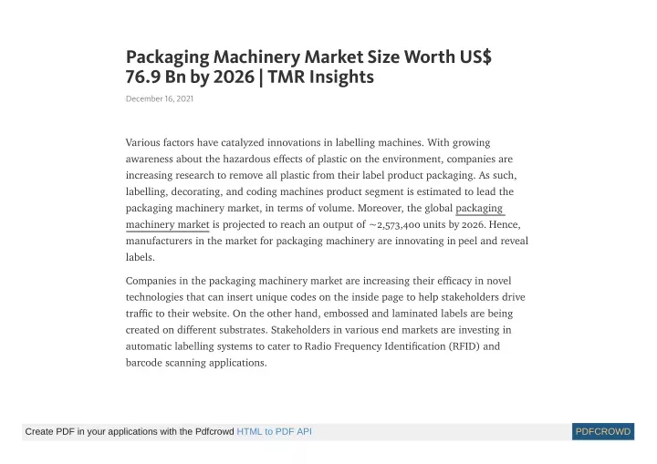 packaging machinery market size worth