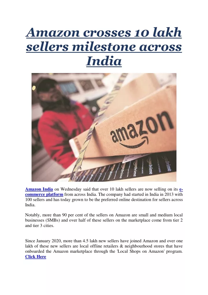 amazon crosses 10 lakh sellers milestone across