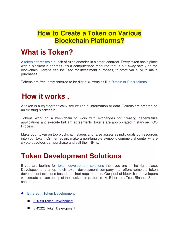 how to create a token on various blockchain