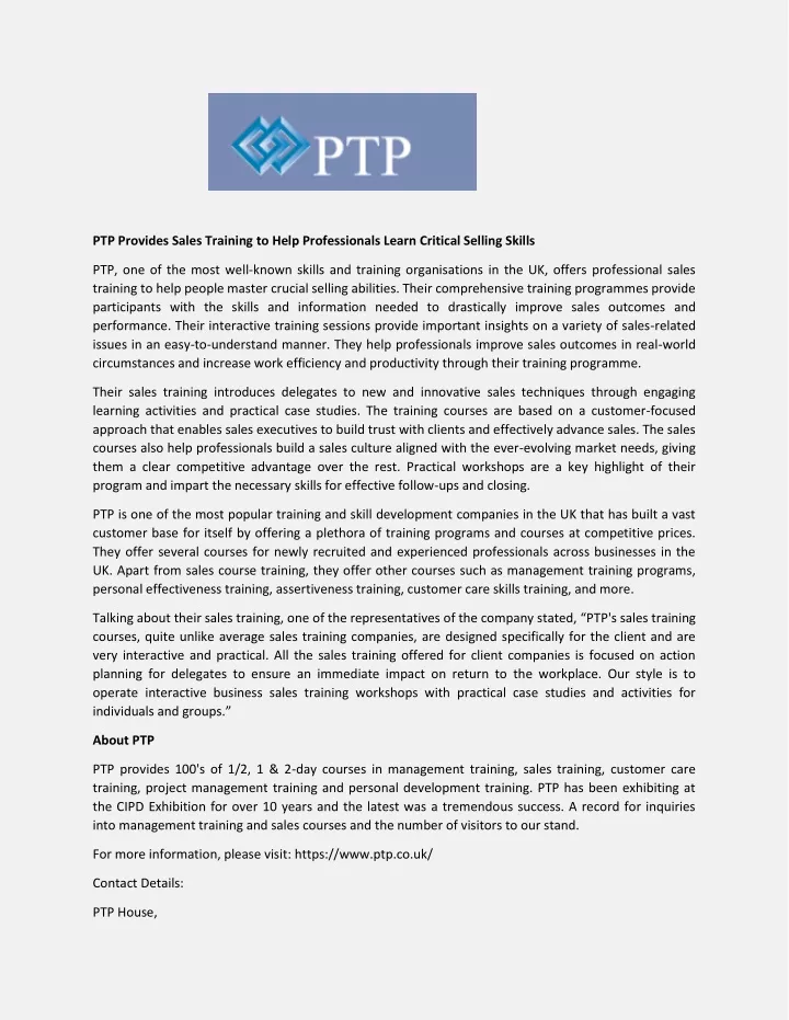 ptp provides sales training to help professionals