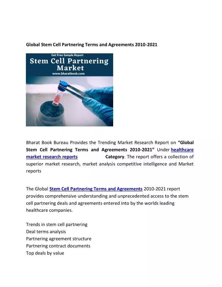 global stem cell partnering terms and agreements