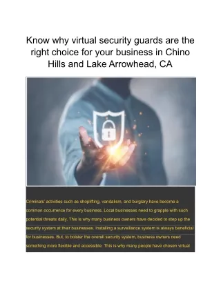 Know why virtual security guards are the right choice for your business in Chino Hills and Lake Arrowhead, CA