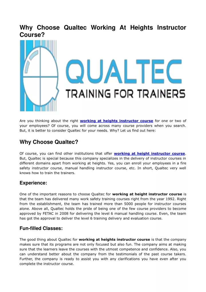 why choose qualtec working at heights instructor