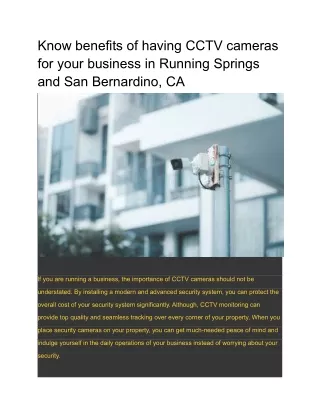 Know benefits of having CCTV cameras for your business in Running Springs and San Bernardino, CA