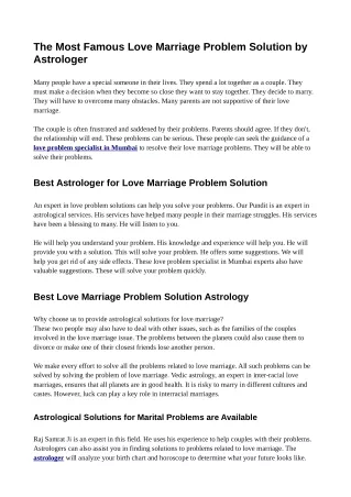 The Most Famous Love Marriage Problem Solution by Astrologer