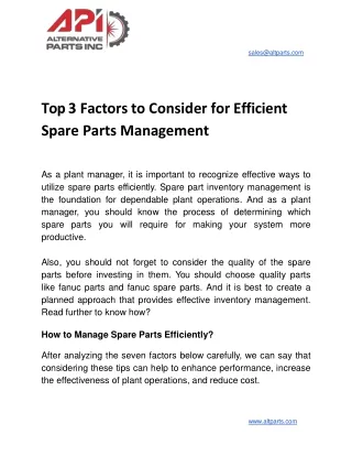 top 3 factors to consider for efficient spare parts management