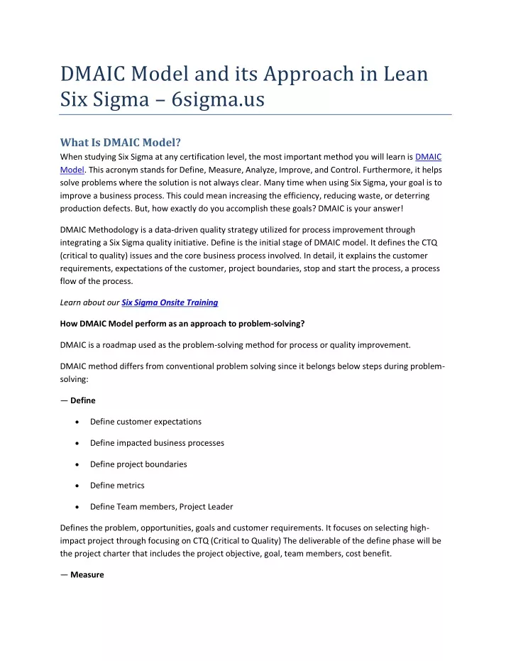 dmaic model and its approach in lean six sigma